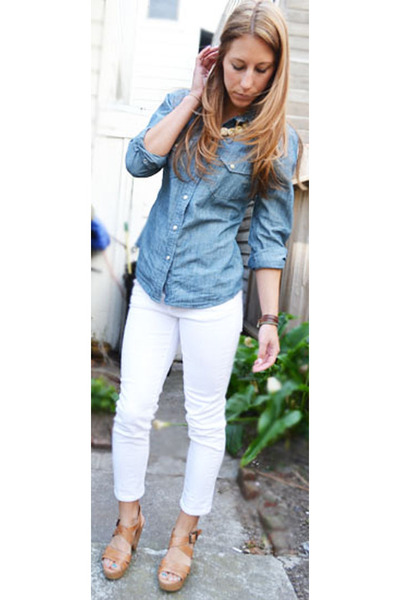 denim shirt with white jeans