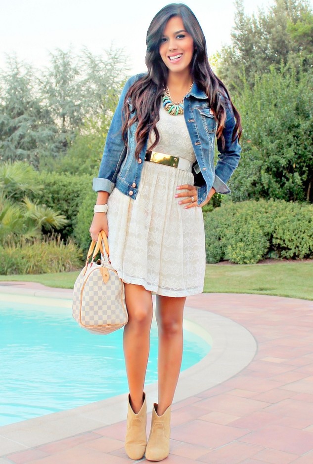 to create a great feminine #outfit, pair a denim jacket with a #dress ...