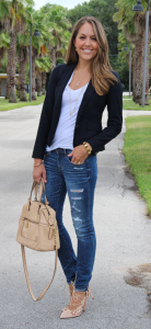 Navy+blazer+with+distressed+jeans+and+lace-up+heels